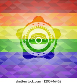 phone icon inside emblem on mosaic background with the colors of the LGBT flag