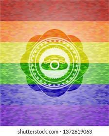 phone icon inside emblem on mosaic background with the colors of the LGBT flag