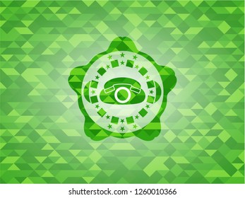 phone icon inside green emblem. Mosaic background