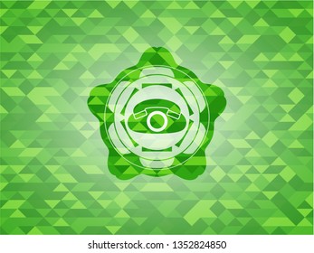 phone icon inside green emblem. Mosaic background