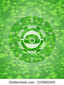 phone icon inside green emblem with triangle mosaic background