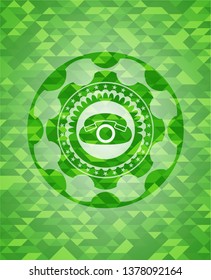 phone icon inside green emblem with mosaic ecological style background