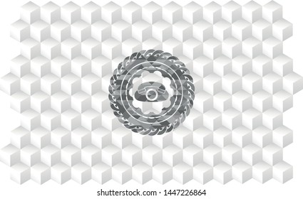 phone icon inside grey badge with geometric cube white background