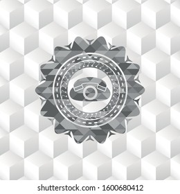 phone icon inside grey badge with geometric cube white background