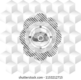 phone icon inside grey emblem. Retro with geometric cube white background
