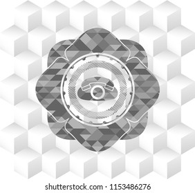 phone icon inside grey emblem. Vintage with geometric cube white background