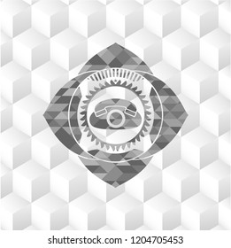 phone icon inside grey emblem. Vintage with geometric cube white background