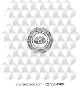 phone icon inside grey emblem with geometric cube white background