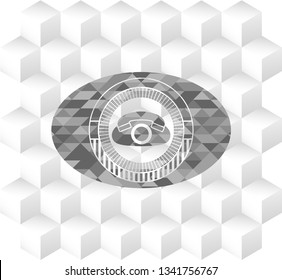 phone icon inside grey emblem. Retro with geometric cube white background