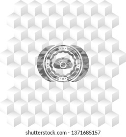 phone icon inside grey emblem with cube white background