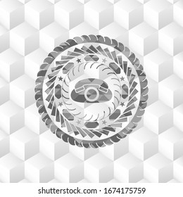 phone icon inside grey icon or emblem with geometric cube white background