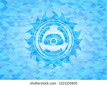phone icon inside light blue emblem with mosaic background