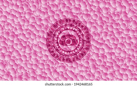 phone icon inside pink emblem with bubbles background. Vector Illustration. Detailed. 
