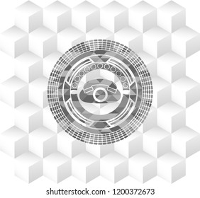 phone icon inside realistic grey emblem with geometric cube white background