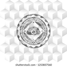 phone icon inside realistic grey emblem with geometric cube white background