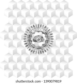 phone icon inside realistic grey emblem with geometric cube white background