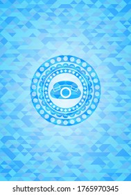 phone icon inside realistic light blue emblem. Mosaic background. 