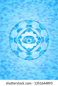 phone icon inside realistic sky blue emblem. Mosaic background