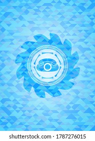 phone icon inside realistic sky blue mosaic emblem. 