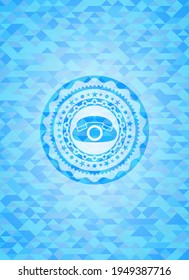 phone icon inside realistic sky blue mosaic emblem. 