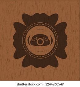 phone icon inside realistic wooden emblem