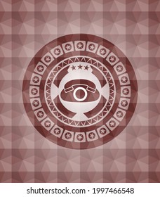 phone icon inside red emblem with geometric pattern. Seamless. 