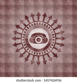 phone icon inside red seamless emblem or badge with abstract geometric pattern background.
