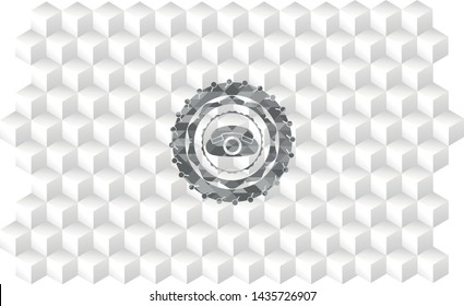 phone icon inside retro style grey emblem with geometric cube white background