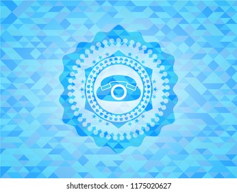 phone icon inside sky blue emblem with triangle mosaic background