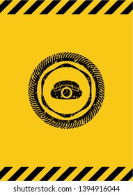 phone icon inside warning sign, black grunge emblem. Vector Illustration. Detailed.