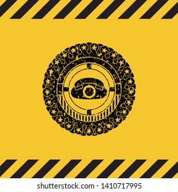 phone icon inside warning sign, black grunge emblem. Vector Illustration. Detailed.