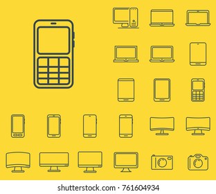 Phone icon with keyboard in set on the yellow background. 
Set of thin, linear and modern electronic equipment icons.
Universal linear icons to use in web and mobile app.