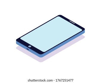 Phone icon, lying touchscreen mobile vector isolated. 3D view of telephone with shadow, wireless colorful gadget, empty smartphone screen with button