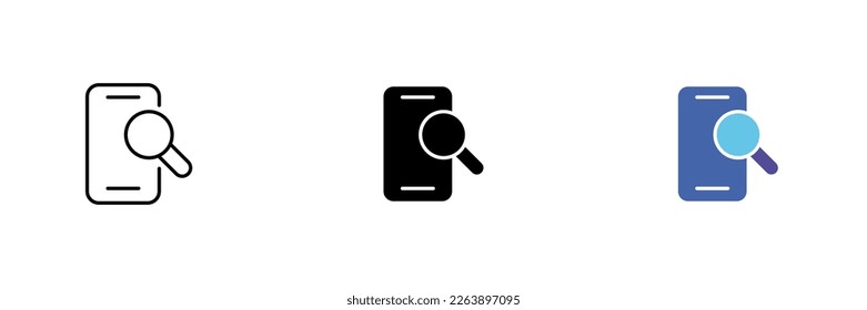 Phone icon with a magnifying glass. Online serving, browser, information search on the Internet. Vector set of icons in line, black and colorful styles isolated on white background.