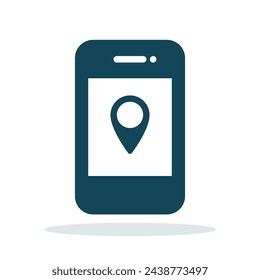 Phone icon with map point symbol. Black gps smartphone icon. Map pin inside mobile. Vector illustration