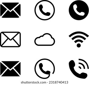 Phone icon and message envelope, Wi-Fi and cloud. Black color. Simple flat vector images.