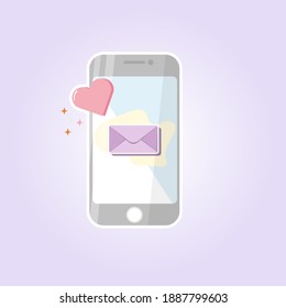 Phone icon with message, red heart and sparkles. Social networking concept. Communication concept on gradient background. Vector illustration for web sites and banners.