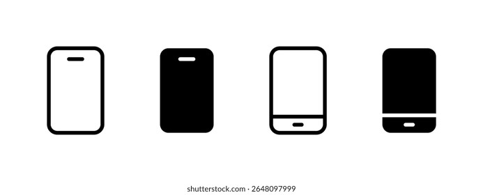 Phone icon. Minimalistic smartphone silhouettes in outline and solid styles vector illustration. Symbol of mobile communication and digital interaction. Portable electronic device sign.