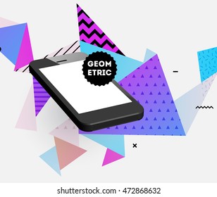 Telefonsymbol. Mobile Technologien. Abstrakter Hintergrund. Geometrisches Dreiecksmuster für Geschäftspräsentationen, Anwendungsabdeckung und Website-Design. Vektorgrafik.