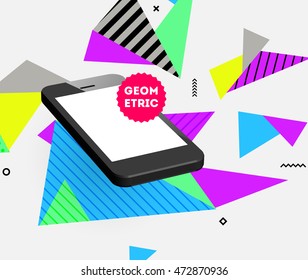 Phone Icon. Mobile Technologies. Abstract Background. Geometric Triangles Pattern for Business Presentations, Application Cover and Web Site Design. Vector Illustration.