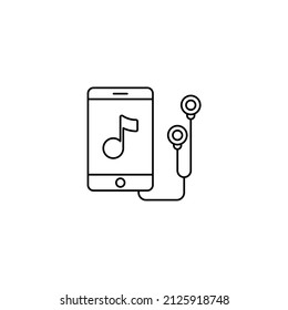 El teléfono con el icono en la pantalla está aislado en blanco, escucha música en tu smartphone.Icono de vector de contorno de música de teléfono móvil
