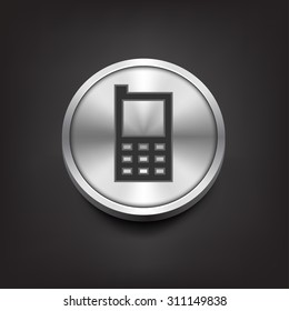 Phone icon on silver button. Vector illustration