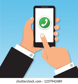 Phone icon on smartphone screen. Hand holding phone with answer icon. Finger touch screen. Vector flat cartoon illustration for advertisement, web sites, banners, infographics design.
