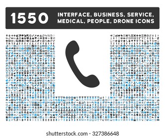 Phone icon and other web interface, business, tools, people, medical service and awards vector symbols. Style is bicolor flat symbols, blue and gray colors, rounded angles, white background.