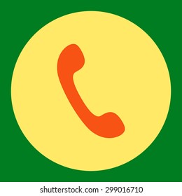 Phone icon from Primitive Round Buttons OverColor Set. This round flat button is drawn with orange and yellow colors on a green background.