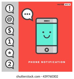 Phone Icon Push Notification (Vector Illustration In Line Art Flat Style Design)