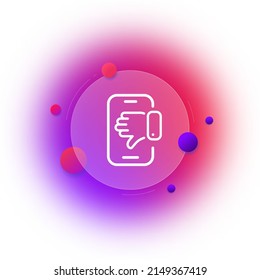 Phone icon. Refusal to act. Man against communication. Refusal. Bad opinion. Hand with thumb down. Gradient blur button with glassmorphism. clear glass design