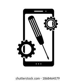 Phone icon. Repair of mobile devices. Black silhouette. Vector flat graphic illustration. The isolated object on a white background. Isolate.