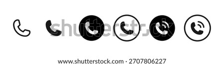 Phone icon. Round call buttons and handset shapes for communication sign. Useful for contact pages, app interfaces and hotline support symbol. Simple UI pictogram concept.