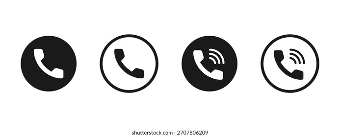 Icono de teléfono. Botones redondos con ondas de timbre para la Ilustración vectorial de llamadas y comunicaciones. Características de contacto móvil, herramientas de conexión telefónica y letrero de Asistencia de línea directa.